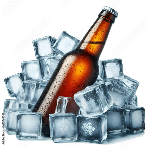 Cold brown bottle of beer in pile ice cubes isolated on white background