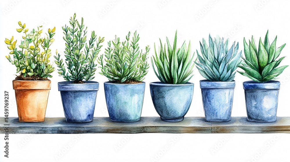 Fototapeta premium Colorful Watercolor Illustration of Vibrant House Plants in Pots