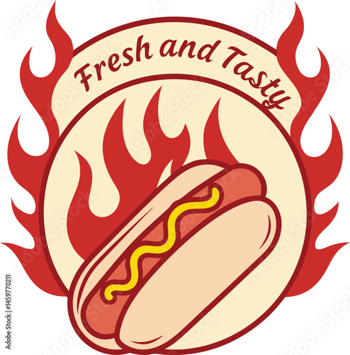 Hot Dog with Mustard in Flaming Circle Logo Design