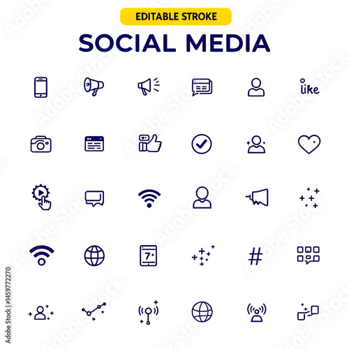 Social media marketing icons set vector illustration editable stroke for digital marketing and branding needs