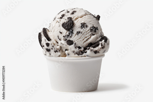 A white cup filled with Oreo cookies and cream ice cream, creamy white base packed with visible cookie chunks and crumbles, artisanal scoop shape, cup with subtle condensation, isolated on pure white 