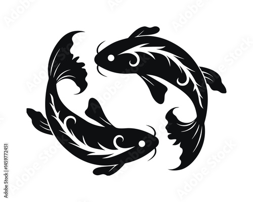 Two koi fish circle, yin yang symbol, black carp graphic design on a white background