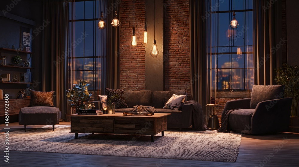 Fototapeta premium Living room interior with furniture exposed brick wall and hanging light bulbs.