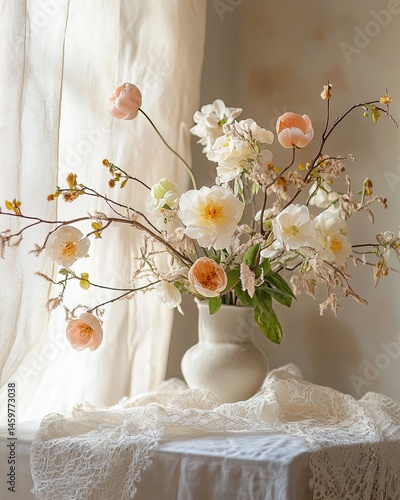 A vase of flowers sits on a table next to a window
