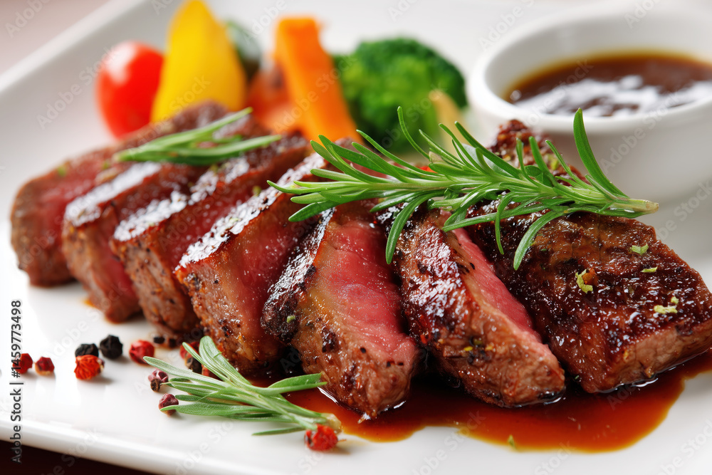Perfect rare steak with vegetables, sauce and spices Perfect rare steak with vegetables, sauce and spices