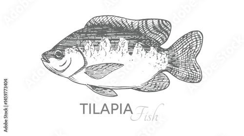 black and white tilapia fish sketch image, fish illustration. isolated vector.