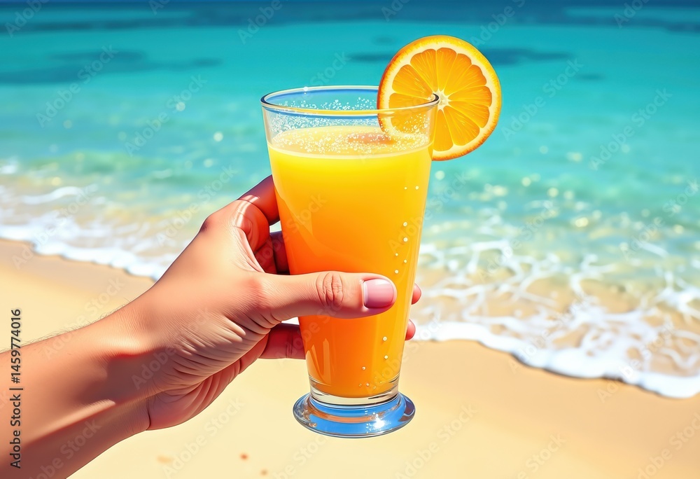 Obraz premium Refreshing orange juice served on a sunny beach with ocean waves
