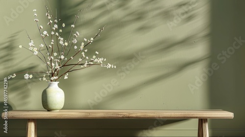 A vase of flowers sits on a wooden bench in front of a green wall.
