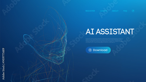 AI Robot Background Tech Bot Technology Chatbot Vector Wireframe Illustration. Futuristic digital human face rendering on dark blue gradient. Download AI assistant software interface design.