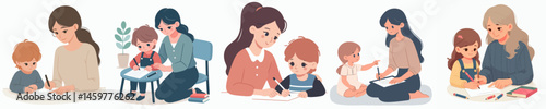Big sister is teaching little sister to write vector flat design style