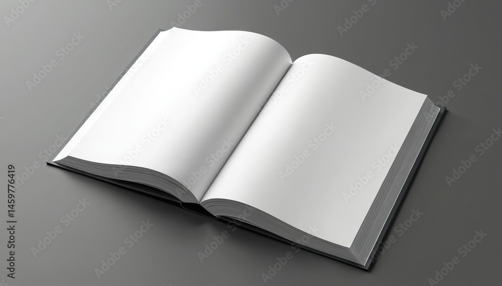 Open book on grey background. Blank pages ready for text. Minimalist design, perfect for mockup, presentation, reading, education. Suitable for advertising layouts, publishing project. Textbook Open book on grey background. Blank pages ready for text. Minimalist design, perfect for mockup, presentation, reading, education. Suitable for advertising layouts, publishing project. Textbook