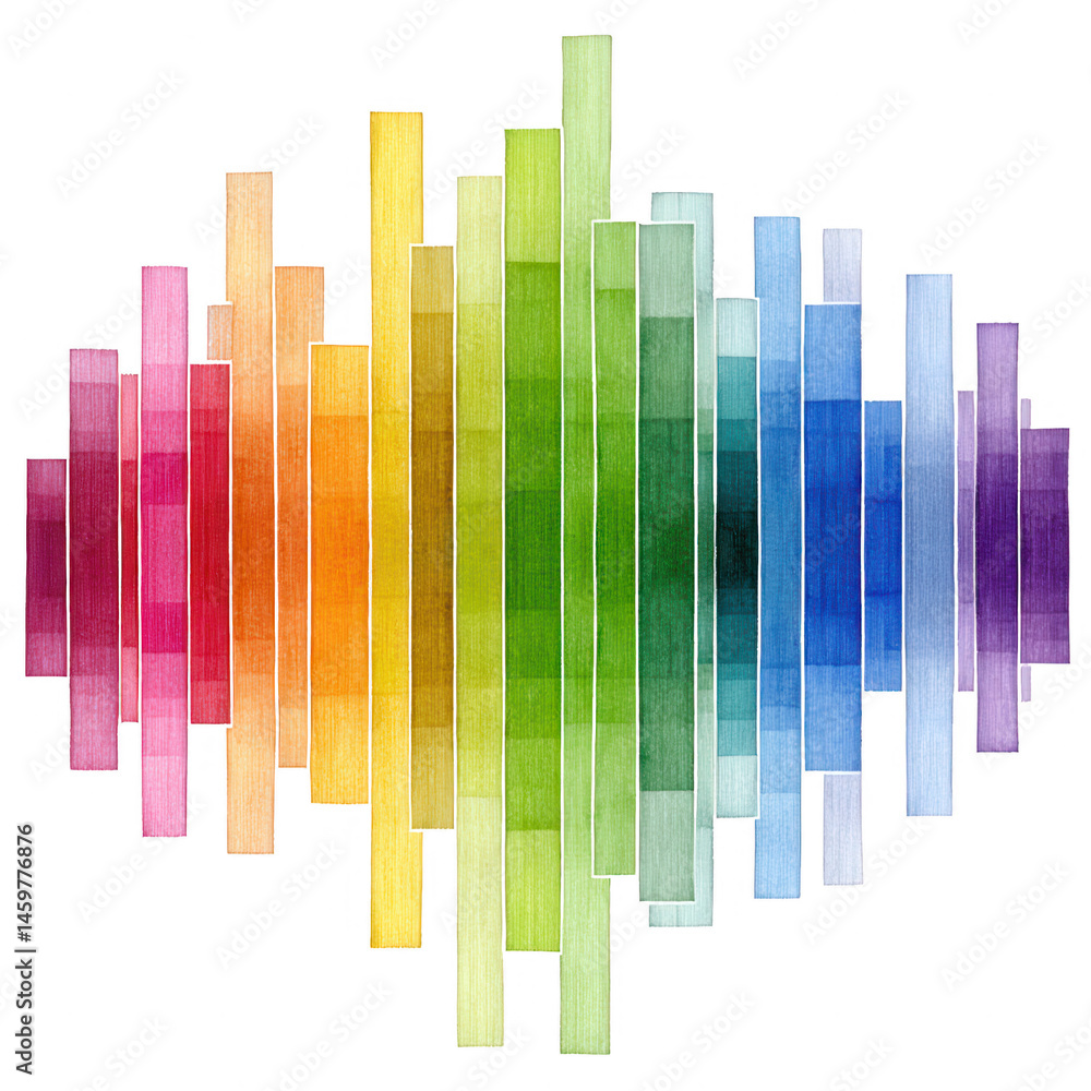 Obraz premium Abstract watercolor painting shows rainbow of vertical bars on white paper.