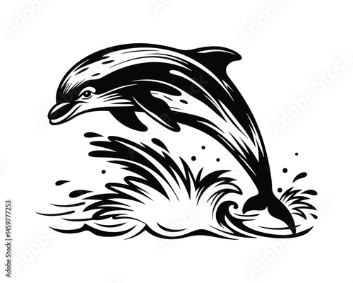 Stylized leaping dolphin black ink wave design on a white background