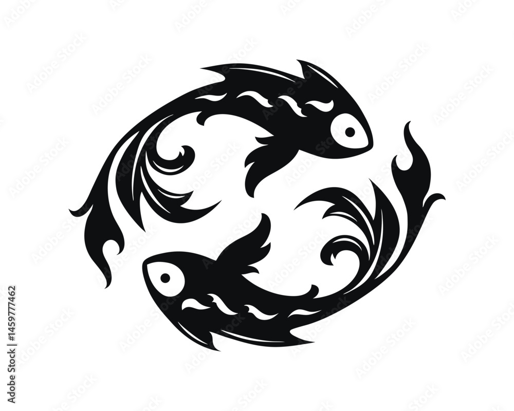 Fototapeta premium Stylized pisces fish zodiac sign icon black silhouette vector on a white background