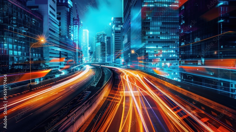 Naklejka premium Highway road with speed running light effects through a modern city. Generated AI image
