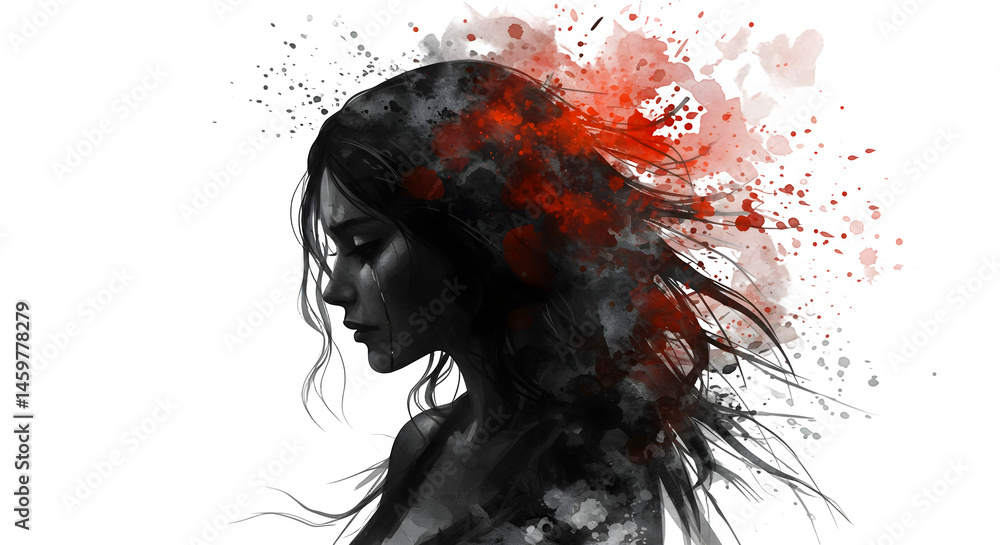 Fototapeta premium Abstract female profile with red ink splash art and illustrated elements, ink drawing, white background, double exposure, splattered paint effect, concept art.