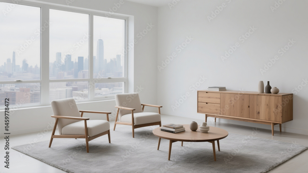 Fototapeta premium Modern Living Room Design Cozy & Stylish Space with Mid-Century Modern Furniture