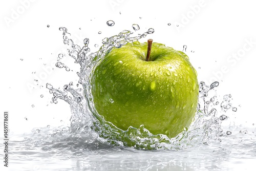 Green apple with water splash isolated on a white background, water splashing and drops around the green apple, a fruit concept for a healthy lifestyle or food design