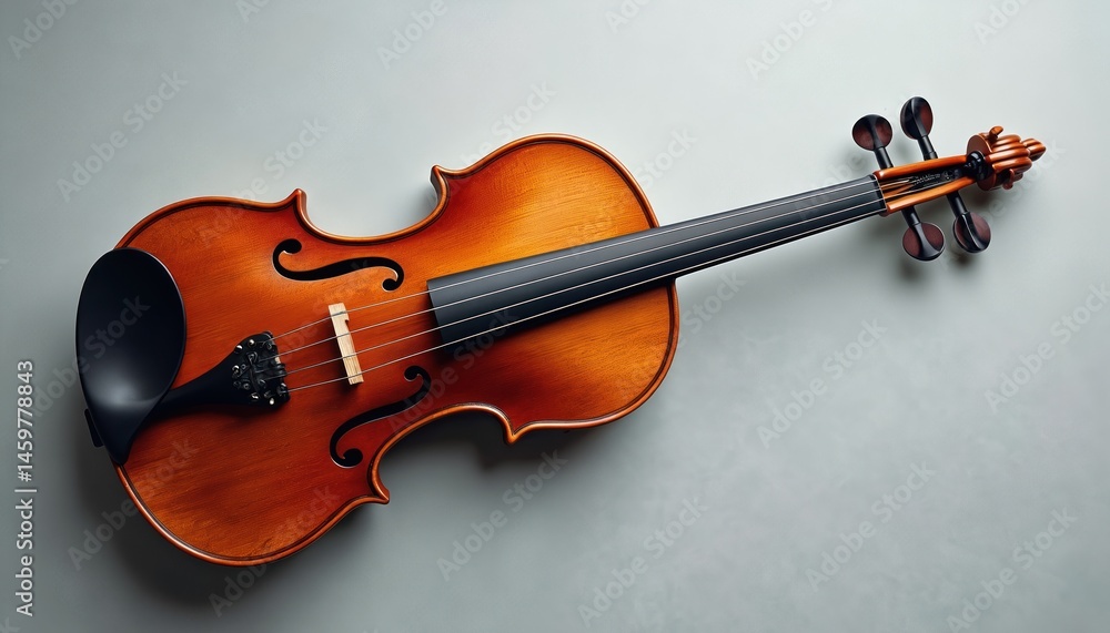 Fototapeta premium Handcrafted Hardanger violin intricate wood grain detail. Musical instrument highlights traditional craftsmanship, acoustic design, cultural heritage. Elegant, high-quality, rare violin on gray
