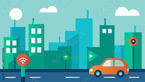 Electric Vehicle Charging Stations A city street with charging stations for electric vehicles featuring a communication network symbol indicating realtime availability and usage