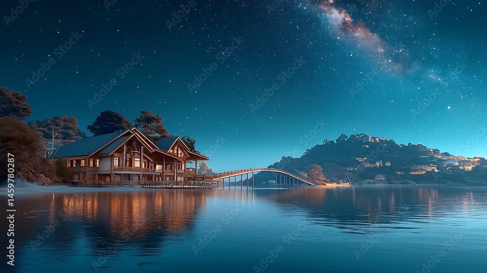 Fototapeta premium Lakeside cabin at night