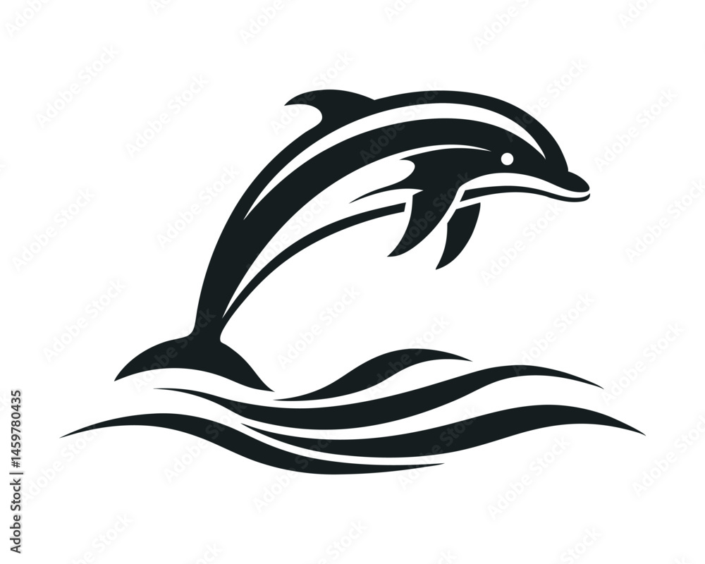Fototapeta premium Elegant leaping dolphin black & white wave illustration on a white background
