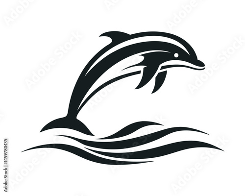 Elegant leaping dolphin black & white wave illustration on a white background