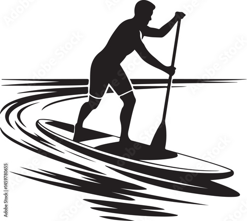 Stand Up Paddle Boarding Silhouette Water Sport Black And White Vector