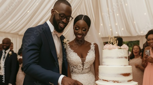 Happy bride and groom cutting their wedding cake together.
