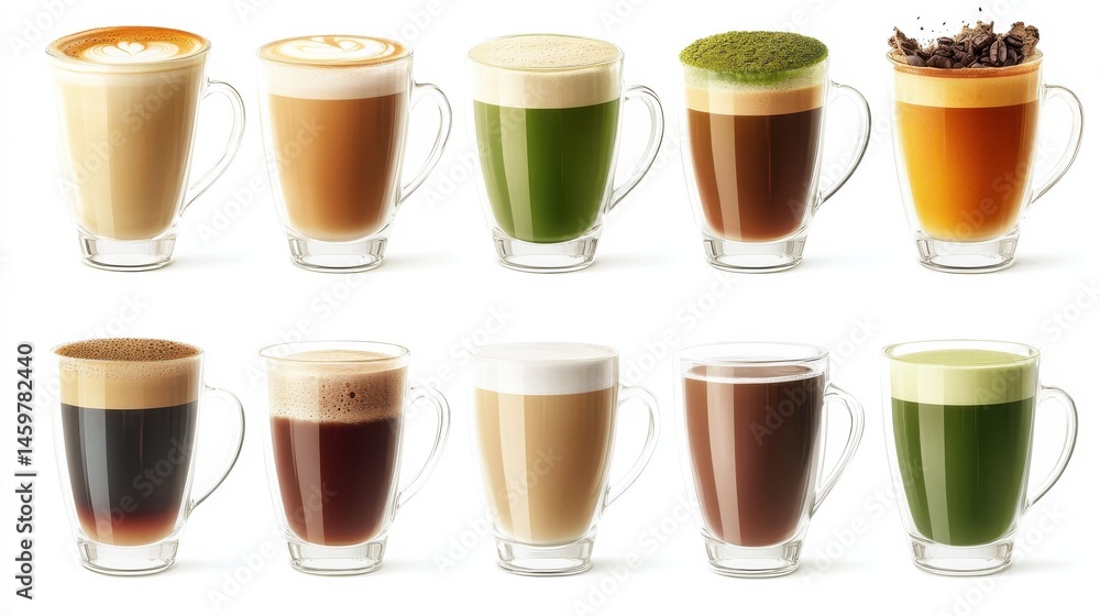 Various hot beverages drinks. Different coffee drinks assorted isolated on white background. Coffee set collection. mocha, tea, green tea, hot chocolate, black coffee, Matcha, cappuccino, flat white. Various hot beverages drinks. Different coffee drinks assorted isolated on white background. Coffee set collection. mocha, tea, green tea, hot chocolate, black coffee, Matcha, cappuccino, flat white.