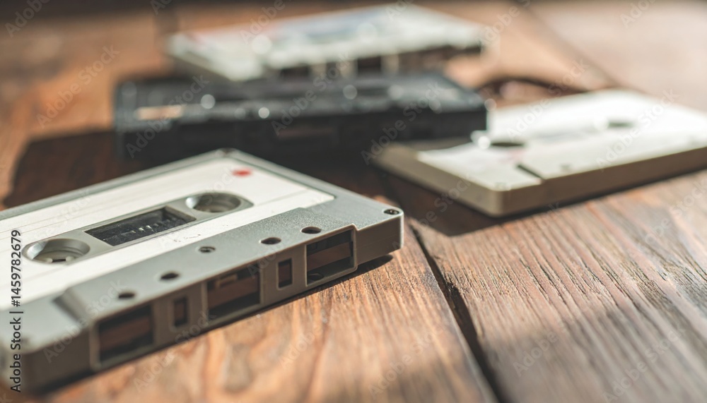 Fototapeta premium Close-Up of Vintage Cassette Tapes on Wooden Table with Soft Shadows and Faded Colors Creating a Retro Mood