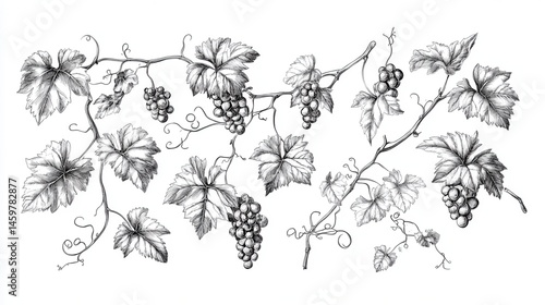 Grape branch set. Isolated flat hand drawn grape branch, leaves collection. Vine fruit plant harvest sketch. Wine, vineyard vector illustration illustration , no logos, no brands