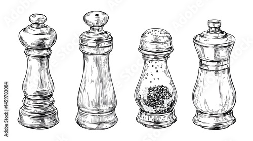 Hand-drawn illustration of vintage salt and pepper shakers.
