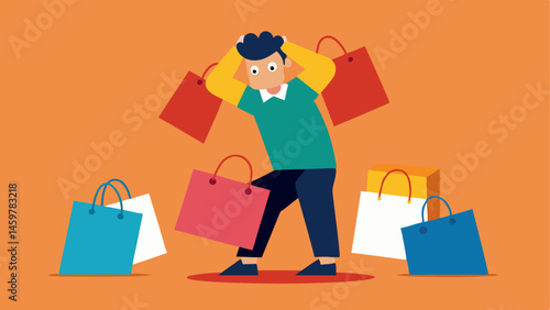 Squished Ast Bags A shopper who is slightly under the weight of numerous shopping bags with a comical expression of exasperation. The bags are vibrant and varied with different