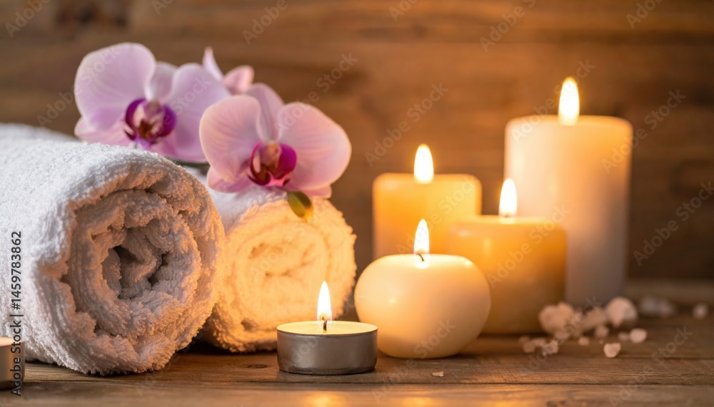 Relaxing spa experience with candles and towels serene atmosphere still life imagery warm lighting peaceful concept for rejuvenation Relaxing spa experience with candles and towels serene atmosphere still life imagery warm lighting peaceful concept for rejuvenation