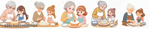 Grandma is teaching her granddaughter to make a cake vector flat design style
