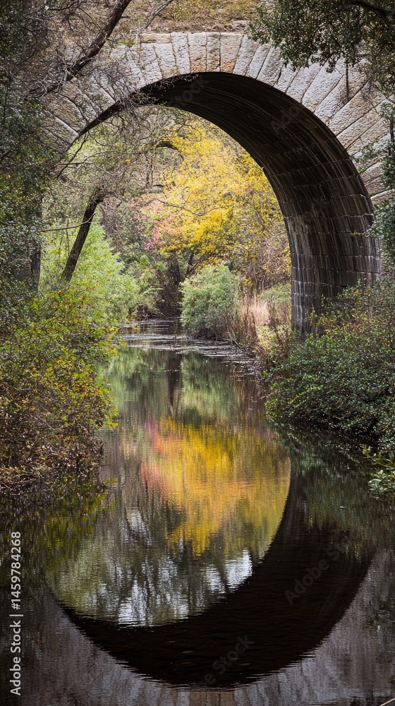 Naklejka premium Stone arch bridge over a tranquil reflecting pool.