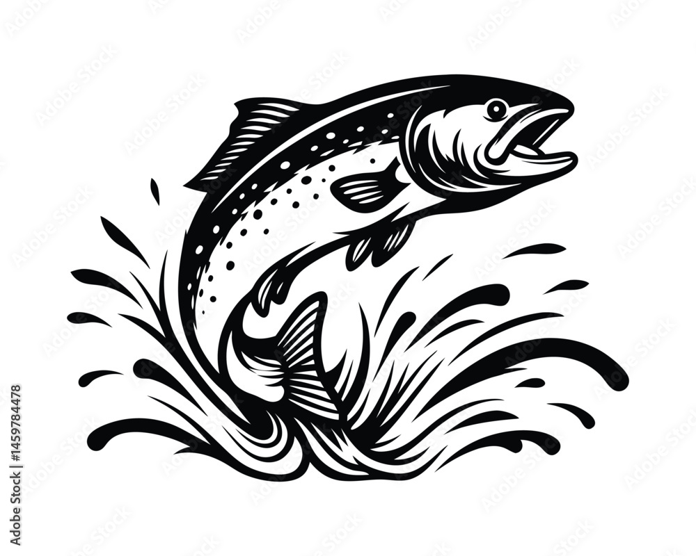 Fototapeta premium Elegant leaping dolphin black & white wave illustration on a white background