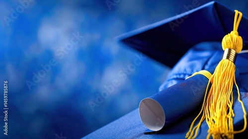 A blue graduation cap with a yellow tassel sits on top of a blue background