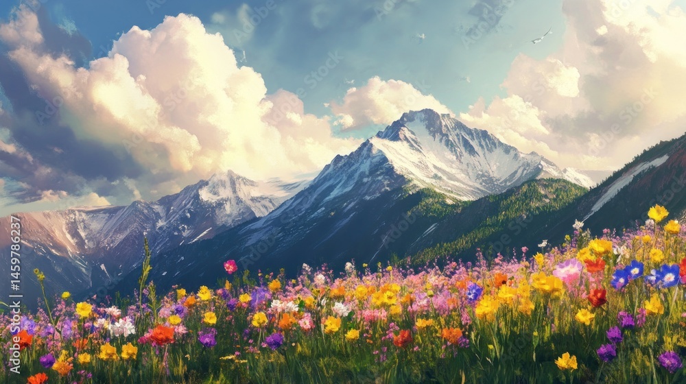 Fototapeta premium Majestic Mountain Meadow: A breathtaking panorama of vibrant wildflowers flourishing against a backdrop of snow-capped mountains under a dramatic sky.