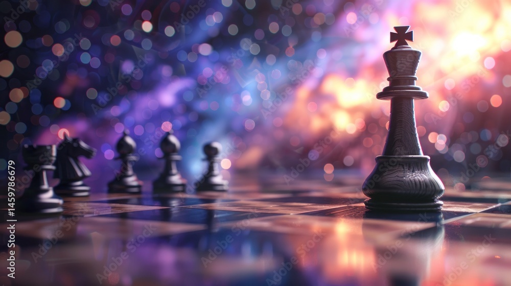 Naklejka premium 3d illustration a Chess queen figure standing alone on chessboard, dramatic background. Generate AI