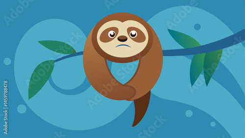 Sloth with Droopy Ears and a Sigh A sloth is shown dangling from a branch with droopy ears and a sad exaggerated sigh leaving its mouth. The sloths eyes are closed indicating a