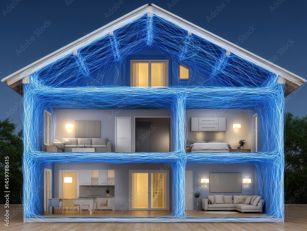 Innovative energy efficiency concept showcasing detailed interior design of a modern house illuminated by energy flow visualization demonstrating smart home technology fundamentals