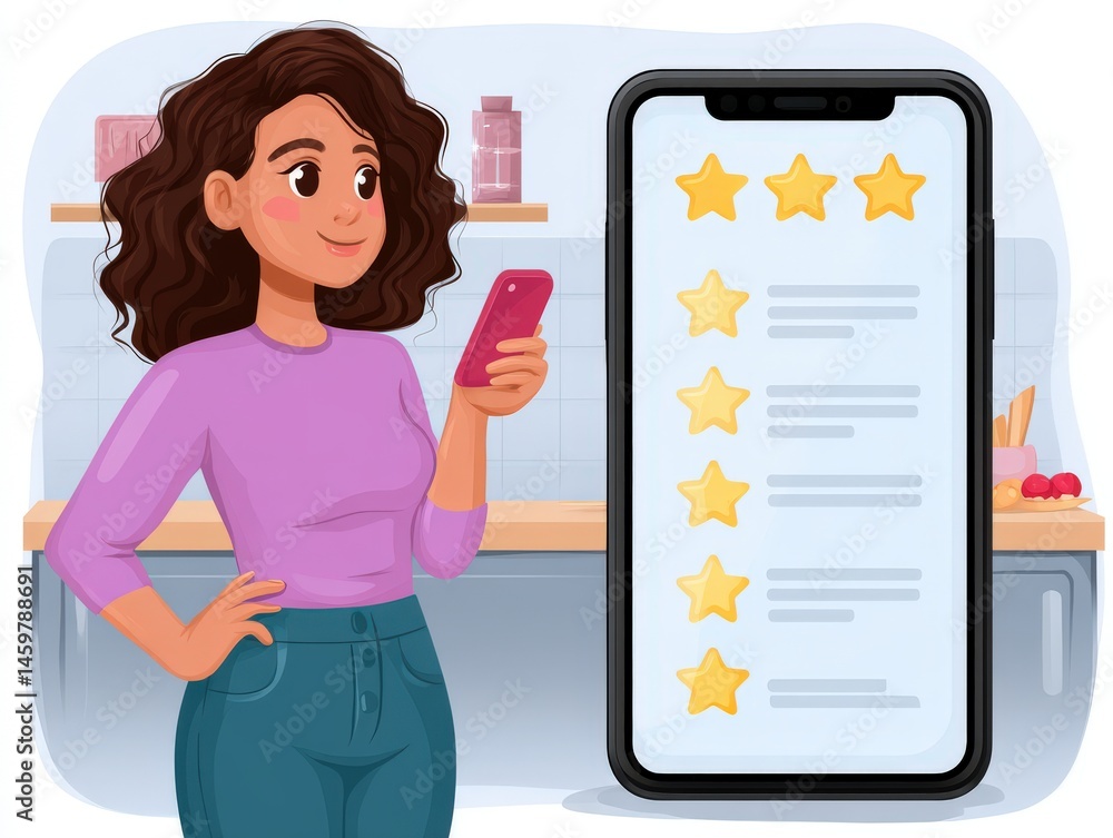 Young woman examining mobile phone displaying five-star reviews in a modern kitchen emphasizing technology and digital engagement in lifestyle choices captured with clarity