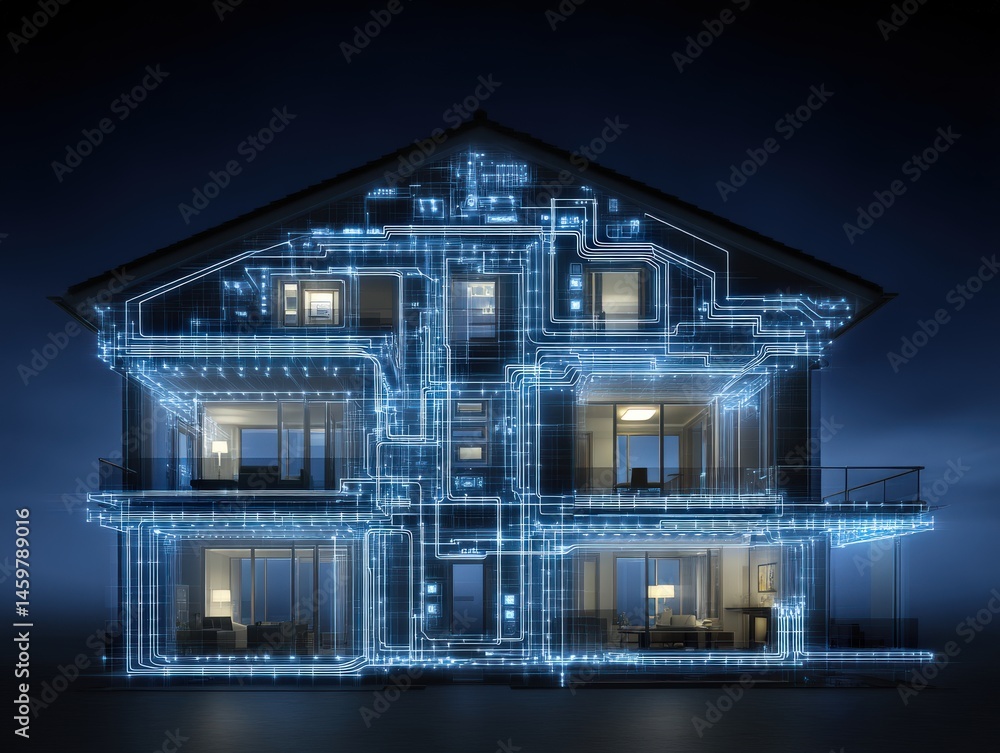 Innovative smart home concept showcasing glowing circuit lines artfully integrated into a modern architectural design emphasizing technological advancements and futuristic living spaces