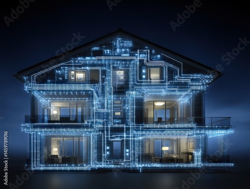 Obraz na płótnie Innovative smart home concept showcasing glowing circuit lines artfully integrated into a modern architectural design emphasizing technological advancements and futuristic living spaces w salonie