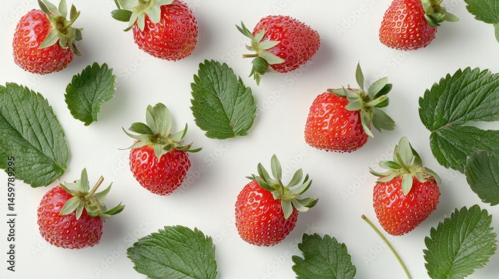 Group of fresh strawberries with green leaves scattered around them on a white background. the strawberries are bright red in color and appear to be ripe and juicy. Group of fresh strawberries with green leaves scattered around them on a white background. the strawberries are bright red in color and appear to be ripe and juicy.