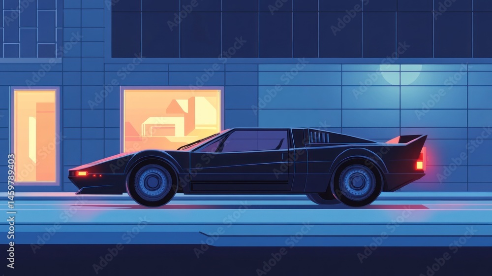 Fototapeta premium Night Drive: Retro Sports Car Cruising City Streets Under Moonlight