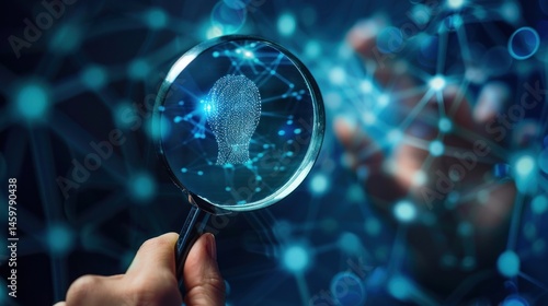A person is holding a magnifying glass over a blue image of a face