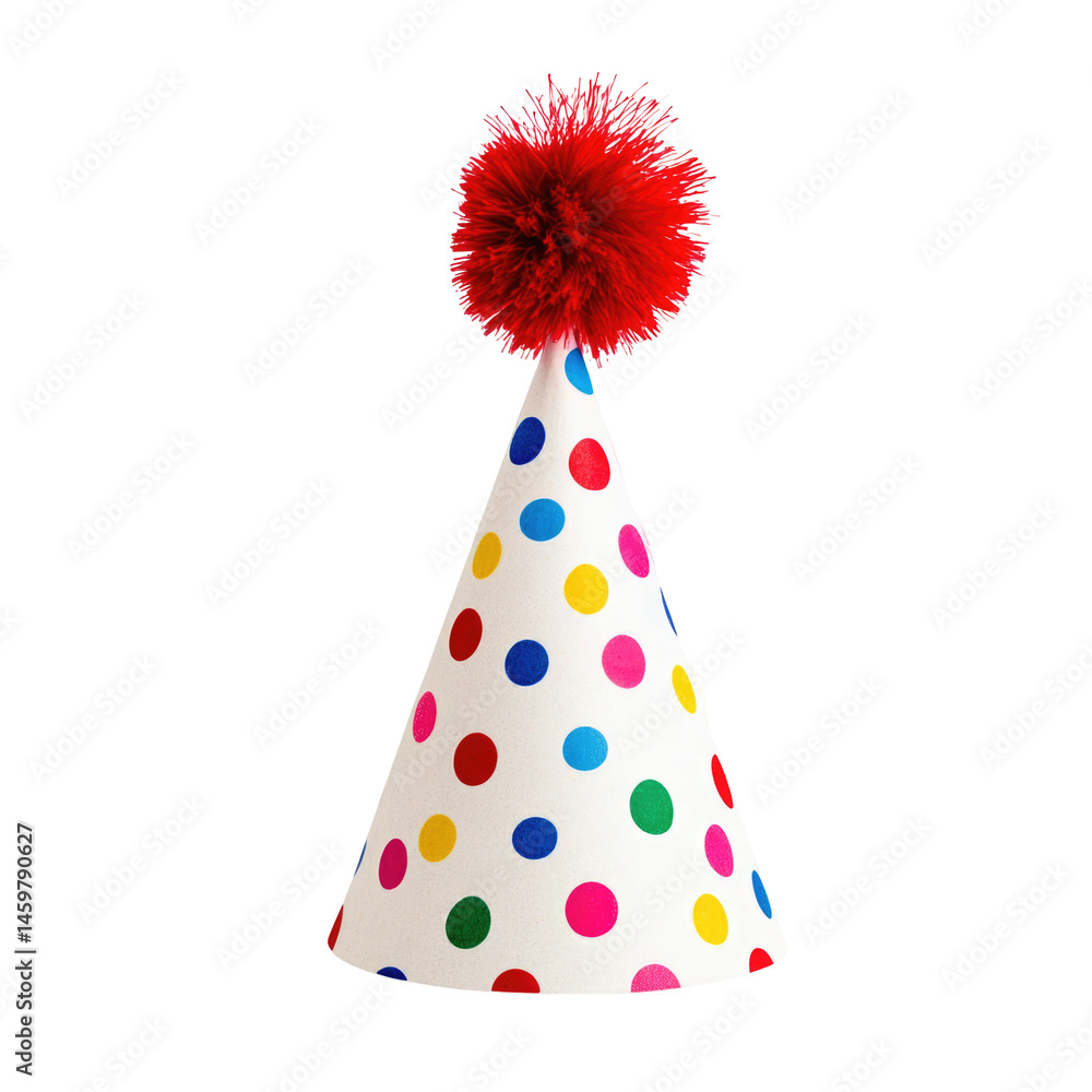 Festive Polka Dot Party Hat With Red Pom isolated on a transparent background Festive Polka Dot Party Hat With Red Pom isolated on a transparent background